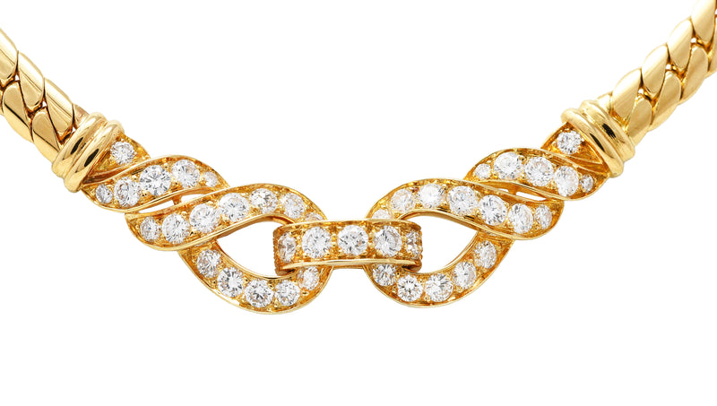 Cartier French 3.12 CTW Diamond 18 Karat Yellow Gold Agrafe Herringbone Twisted Rope Vintage Station Collar Necklace Wilson's Estate Jewelry