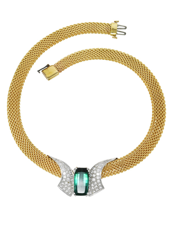 Dankner 1960's 9.65 CTW Cushion Cut Green Tourmaline Diamond 14 Karat Two-Tone Gold Vintage Station Collar Necklace Wilson's Estate Jewelry