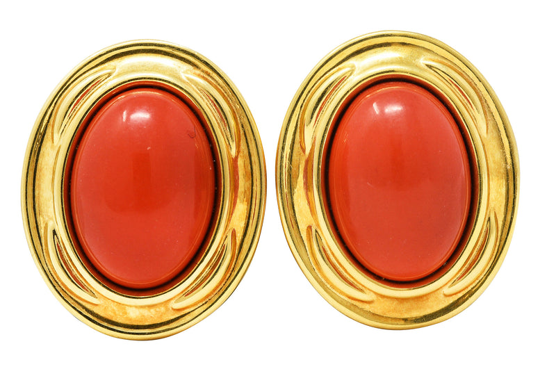 1980's Vintage Italian Red Jasper 18 Karat Yellow Gold Cabochon Earrings Wilson's Antique & Estate Jewelry
