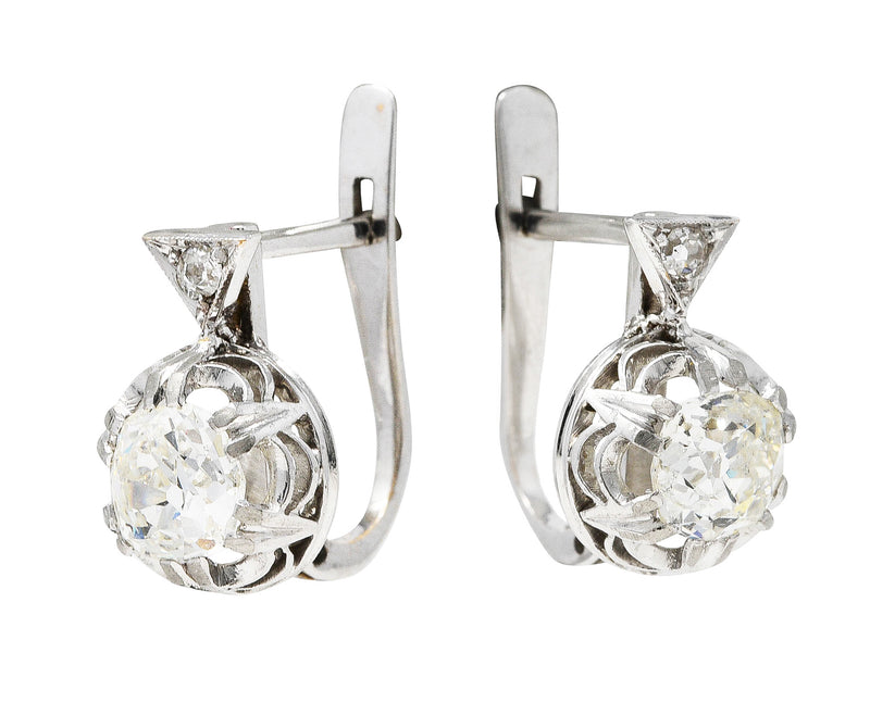 .11111 *#brad review diamonds Edwardian 1.75 CTW Old Mine Diamond Platinum 18 Karat Gold Antique Huggie Earrings Wilson's Estate Jewelry