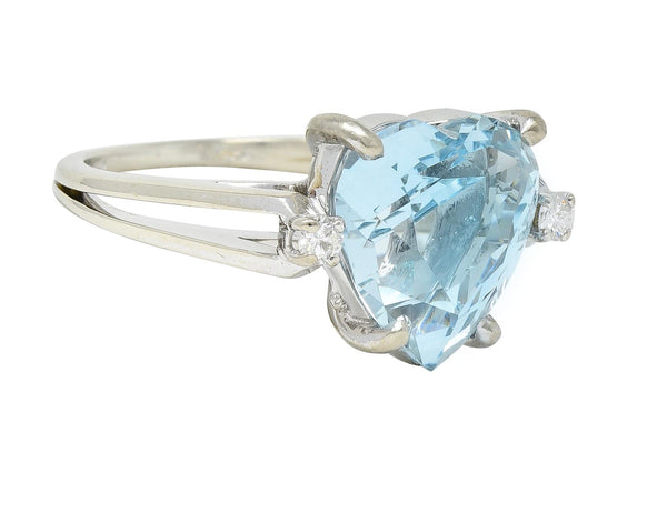 1950s 4.80 CTW Aquamarine Diamond 14 Karat White Gold Heart Three Stone Ring