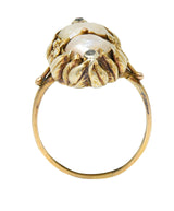 Arts & Crafts Diamond Baroque Pearl 14 Karat Yellow Gold Floral Dinner Ring