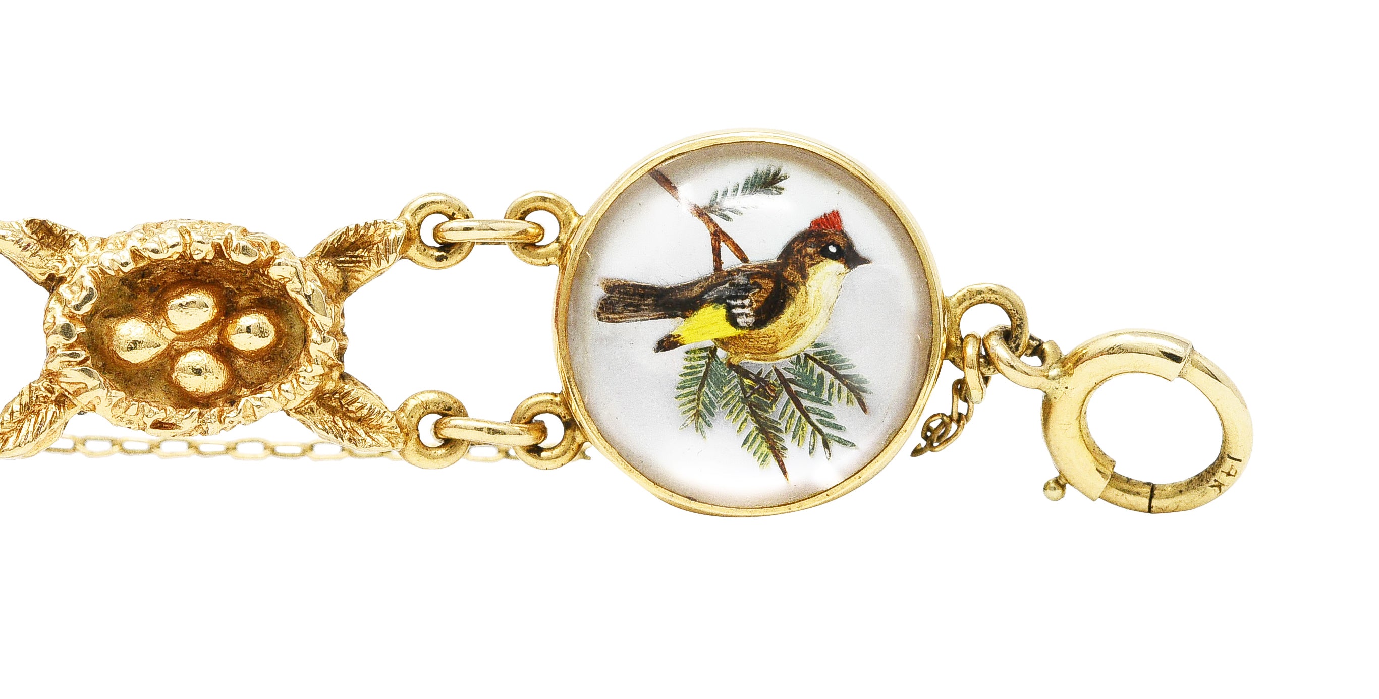 1940’s Essex Crystal Quartz 14 Karat Yellow Gold Bird Themed Antique Link Bracelet Wilson's Estate Jewelry