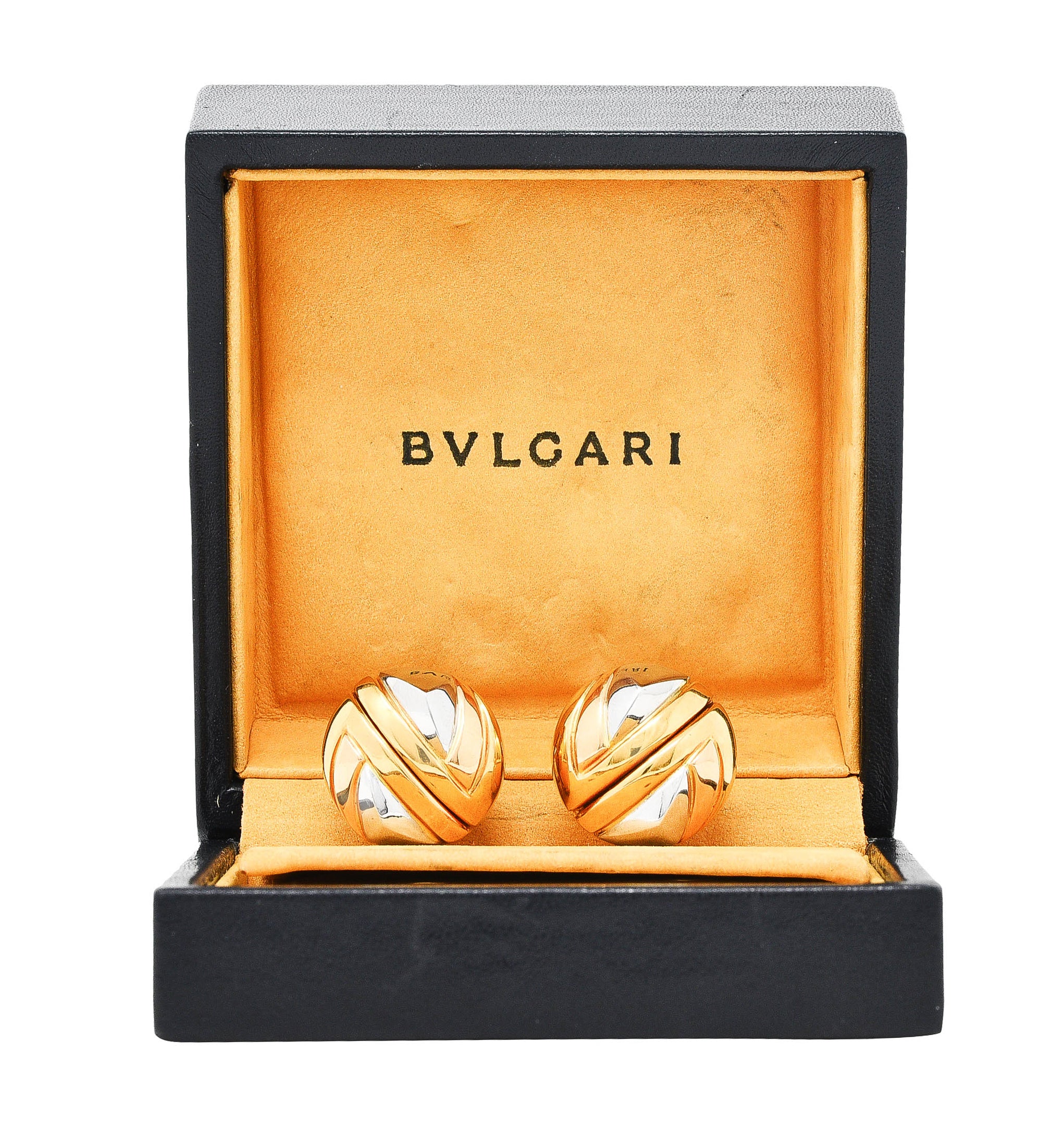 Bulgari Italian 18 Karat Tri-Colored Gold Geometric Vintage Ear-Clip Earrings Wilson's Antique & Estate Jewelry