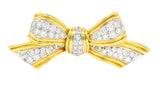 Tiffany 1960's 1.30 CTW Diamond Platinum 18 Karat Yellow Gold Pavé Vintage Bow Brooch Wilson's Estate Jewelry