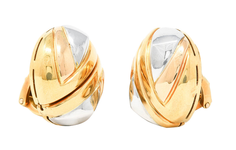 Bulgari Italian 18 Karat Tri-Colored Gold Geometric Vintage Ear-Clip Earrings Wilson's Antique & Estate Jewelry