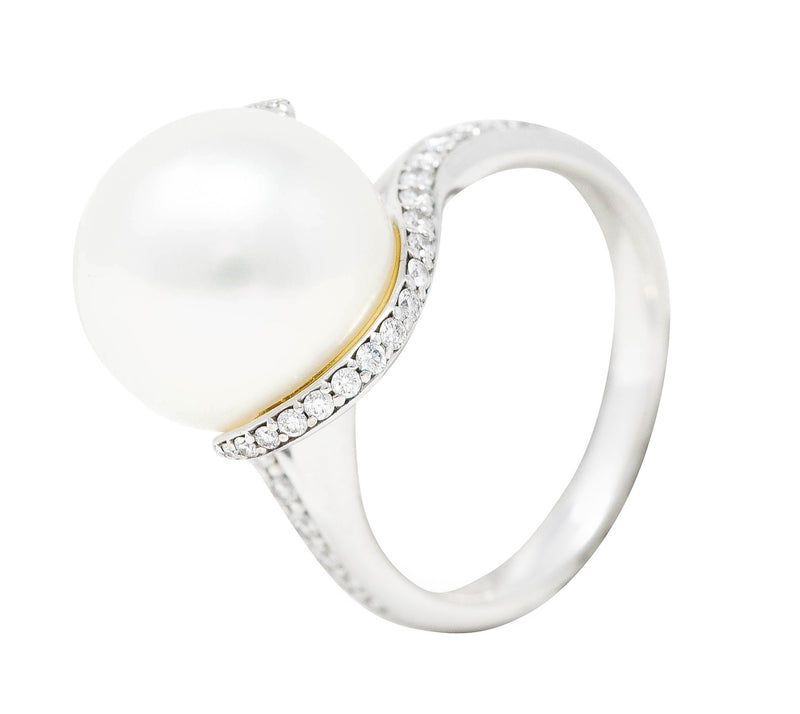 Mikimoto Diamond Cultured South Sea Pearl 18 Karat White Gold Bypass Ring Wilson's Antique & Estate Jewelry
