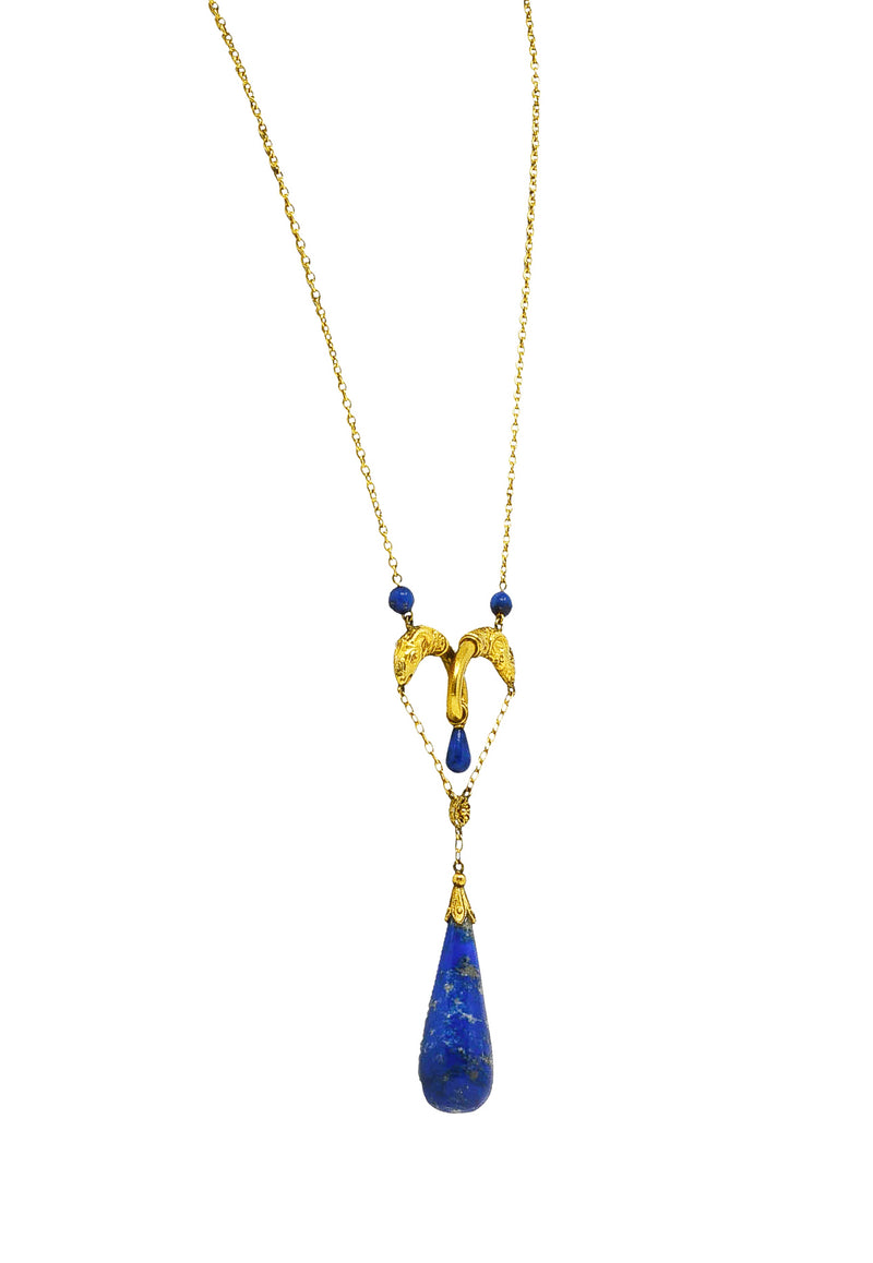 Victorian Etruscan Revival Lapis Lazuli 14 Karat Yellow Gold Ram Antique Swagged Necklace Wilson's Estate Jewelry