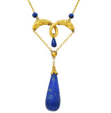 Victorian Etruscan Revival Lapis Lazuli 14 Karat Yellow Gold Ram Antique Swagged Necklace Wilson's Estate Jewelry