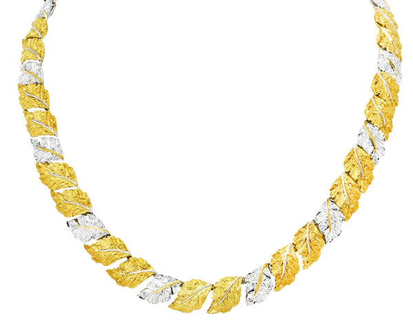 Buccellati 1950's Diamond 18 Karat Two-Tone Gold Segrinato Birch Leaf Vintage Necklace Wilson's Estate Jewelry