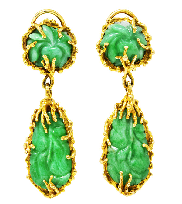 Vintage Brutalist Jade 14 Karat Yellow Gold Carved Organic Drop Earrings Wilson's Estate Jewelry
