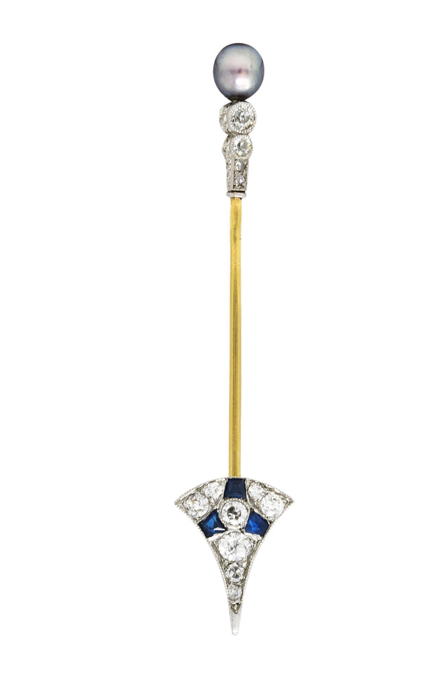 Art Deco Hungarian Diamond Sapphire Ruby Pearl Platinum 18 Karat Gold Antique Arrow Jabot Brooch Wilson's Estate Jewelry