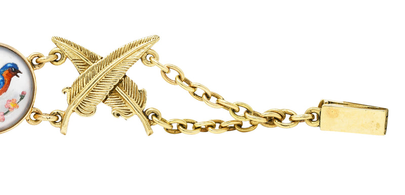 Carter Gough Essex Crystal Quartz 14 Karat Yellow Gold Feather Bird Themed Vintage Link Bracelet Wilson's Estate Jewelry