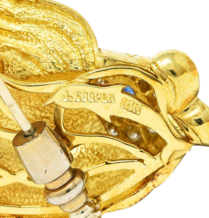 F.J. Cooper 1960's Diamond Sapphire 18 Karat Yellow Gold Koi Fish Vintage Brooch Wilson's Estate Jewelry