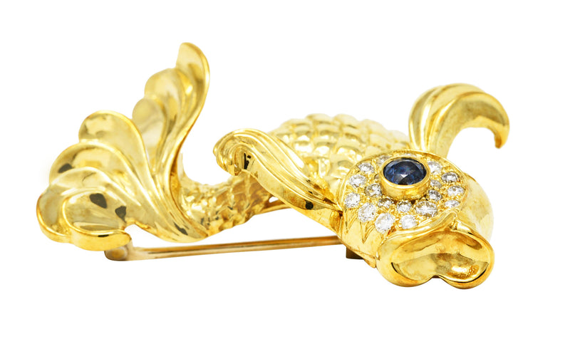 F.J. Cooper 1960's Diamond Sapphire 18 Karat Yellow Gold Koi Fish Vintage Brooch Wilson's Estate Jewelry