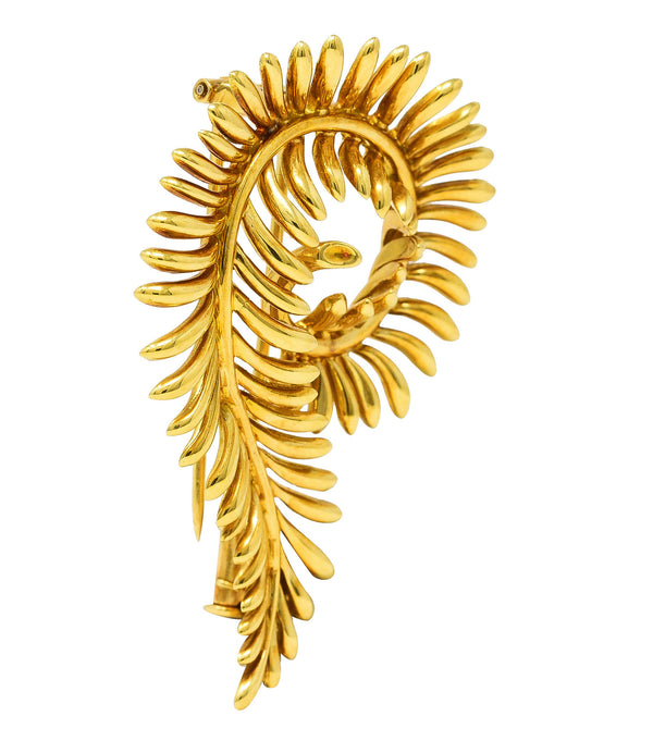 Tiffany & Co. Schlumberger 18 Karat Yellow Gold Feather Vintage Brooch Wilson's Estate Jewelry