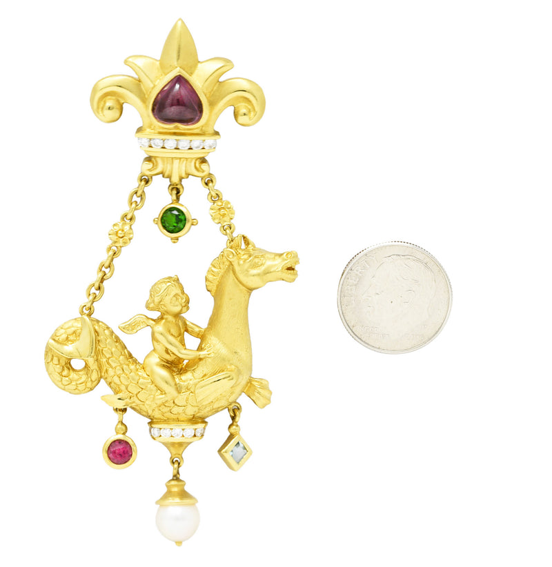 SeidenGang 1980's Diamond Pearl Tourmaline Peridot Aquamarine 18 Karat Yellow Gold Cherub Hippocampus Swagged Vintage Drop Brooch Wilson's Estate Jewelry