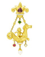 SeidenGang 1980's Diamond Pearl Tourmaline Peridot Aquamarine 18 Karat Yellow Gold Cherub Hippocampus Swagged Vintage Drop Brooch Wilson's Estate Jewelry