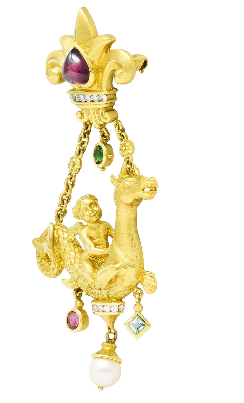 SeidenGang 1980's Diamond Pearl Tourmaline Peridot Aquamarine 18 Karat Yellow Gold Cherub Hippocampus Swagged Vintage Drop Brooch Wilson's Estate Jewelry