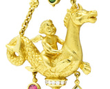 SeidenGang 1980's Diamond Pearl Tourmaline Peridot Aquamarine 18 Karat Yellow Gold Cherub Hippocampus Swagged Vintage Drop Brooch Wilson's Estate Jewelry