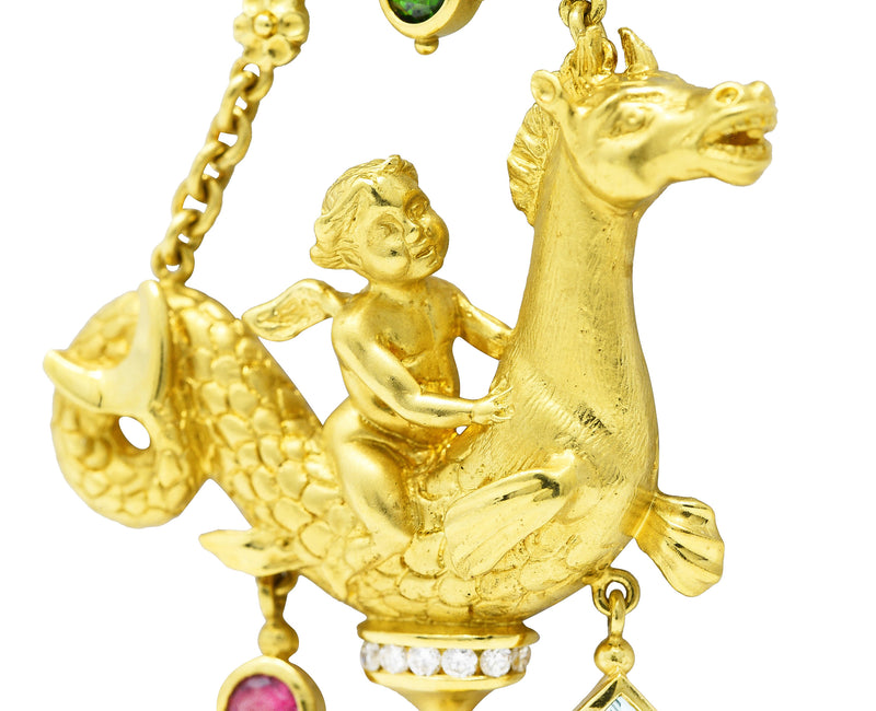 SeidenGang 1980's Diamond Pearl Tourmaline Peridot Aquamarine 18 Karat Yellow Gold Cherub Hippocampus Swagged Vintage Drop Brooch Wilson's Estate Jewelry
