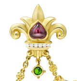 SeidenGang 1980's Diamond Pearl Tourmaline Peridot Aquamarine 18 Karat Yellow Gold Cherub Hippocampus Swagged Vintage Drop Brooch Wilson's Estate Jewelry