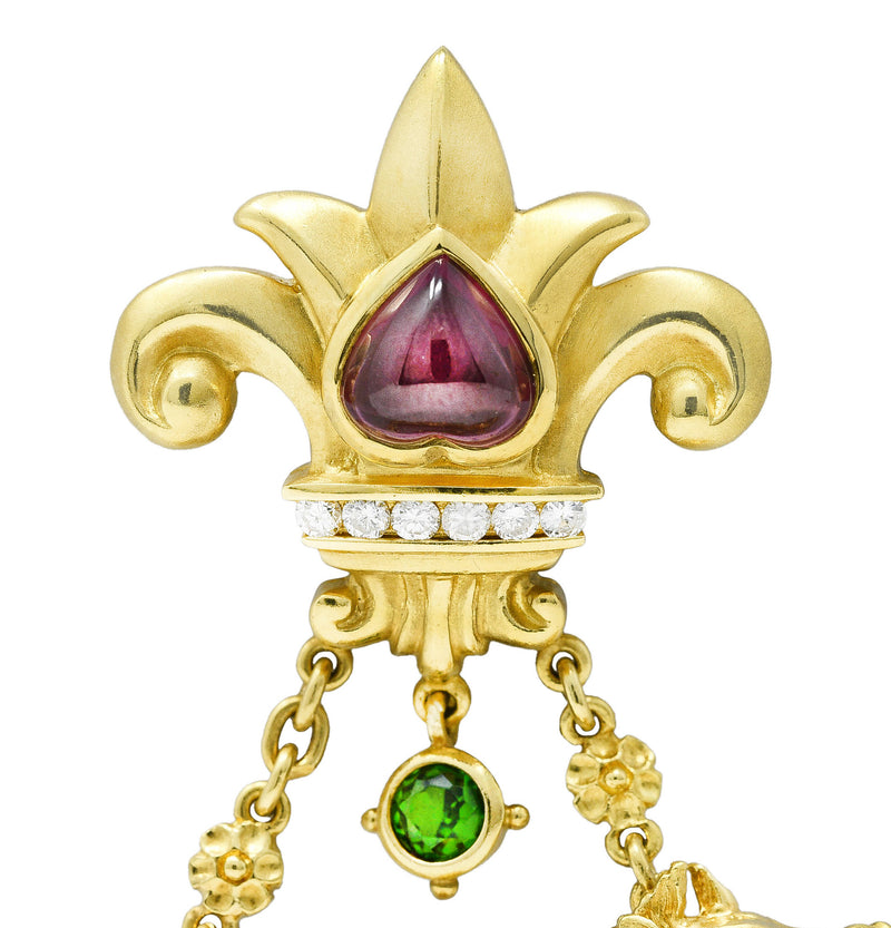 SeidenGang 1980's Diamond Pearl Tourmaline Peridot Aquamarine 18 Karat Yellow Gold Cherub Hippocampus Swagged Vintage Drop Brooch Wilson's Estate Jewelry