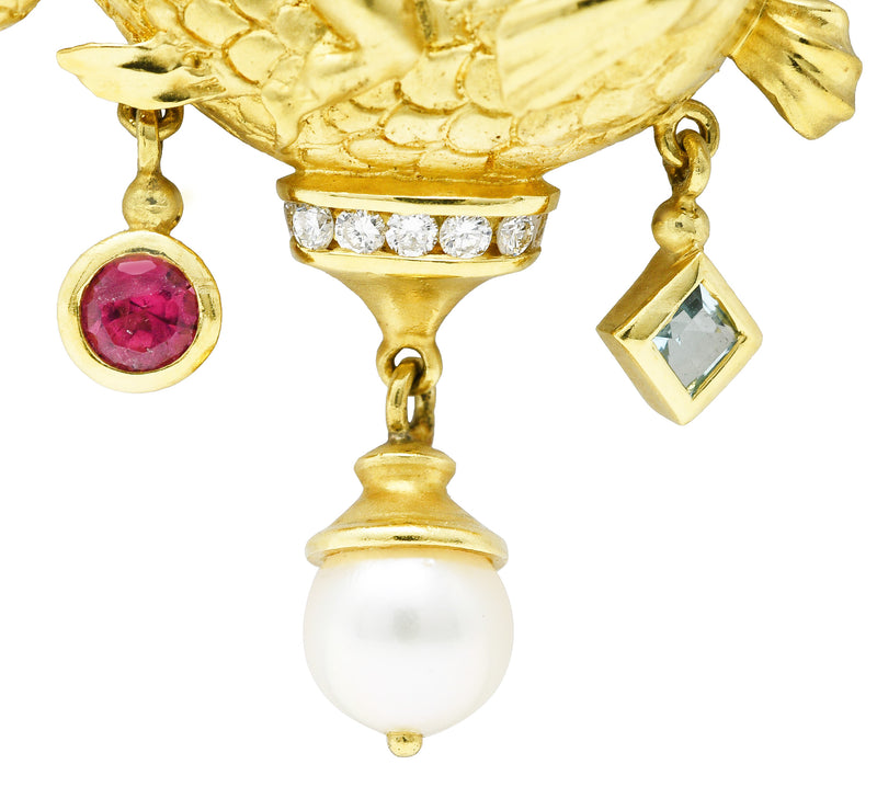 SeidenGang 1980's Diamond Pearl Tourmaline Peridot Aquamarine 18 Karat Yellow Gold Cherub Hippocampus Swagged Vintage Drop Brooch Wilson's Estate Jewelry