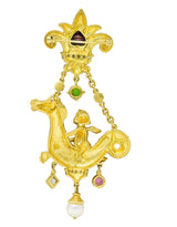 SeidenGang 1980's Diamond Pearl Tourmaline Peridot Aquamarine 18 Karat Yellow Gold Cherub Hippocampus Swagged Vintage Drop Brooch Wilson's Estate Jewelry