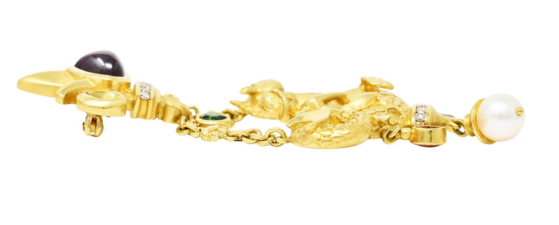 SeidenGang 1980's Diamond Pearl Tourmaline Peridot Aquamarine 18 Karat Yellow Gold Cherub Hippocampus Swagged Vintage Drop Brooch Wilson's Estate Jewelry