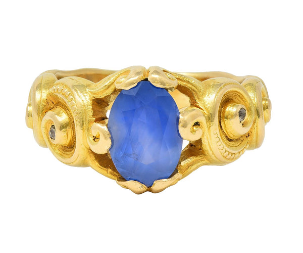 Art Nouveau 2.25 CTW Sapphire Diamond 18 Karat Yellow Gold Antique Swirl Ring
