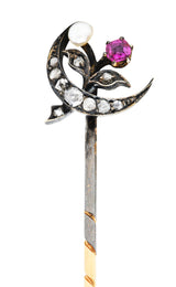 Victorian Ruby Diamond Silver-Topped 14 Karat Gold Honeymoon StickpinStick Pin - Wilson's Estate Jewelry