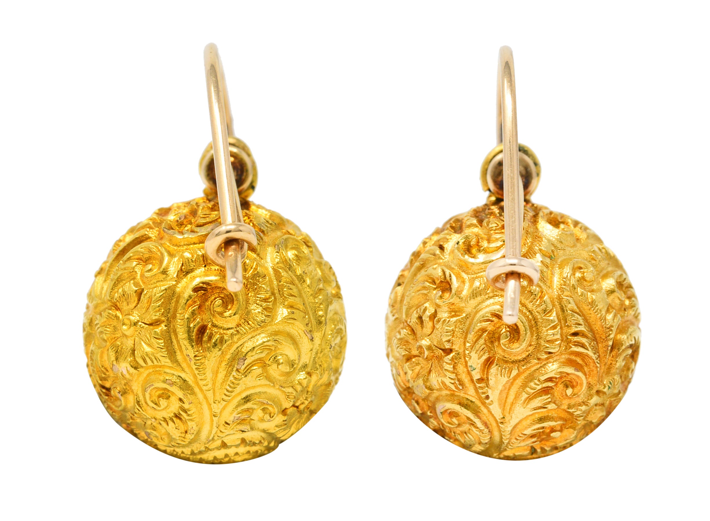 Victorian Amethyst 14 Karat Yellow Gold Repoussé Ball Antique Drop Earrings Wilson's Estate Jewelry