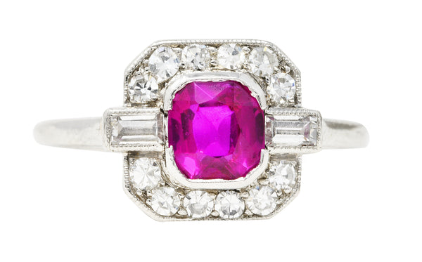 1930's Art Deco 1.15 CTW No Heat Burma Ruby Diamond Platinum Cushion Halo Gemstone Ring GIA Wilson's Estate Jewelry