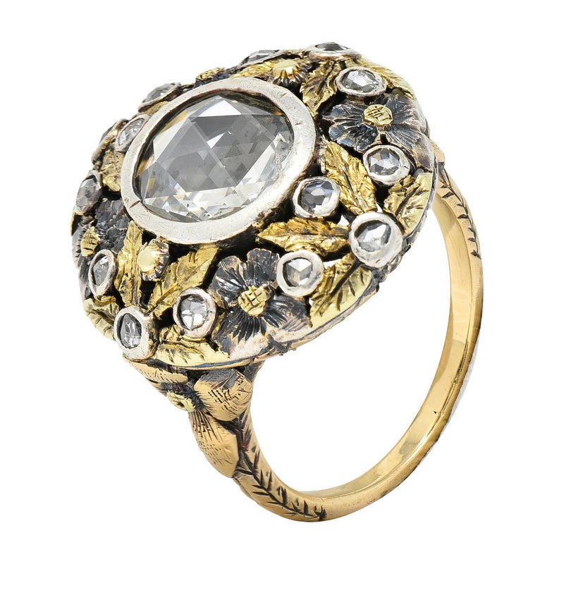Arts & Crafts 1.26 CTW Rose Cut Diamond Silver-Topped 14 Karat Gold Floral Ring