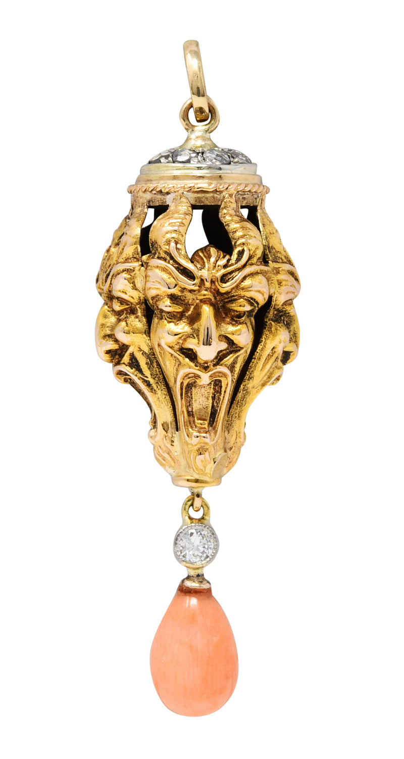 Victorian Pink Coral Diamond 18 Karat Two-Tone Gold Devil Pendant Charmcharm - Wilson's Estate Jewelry