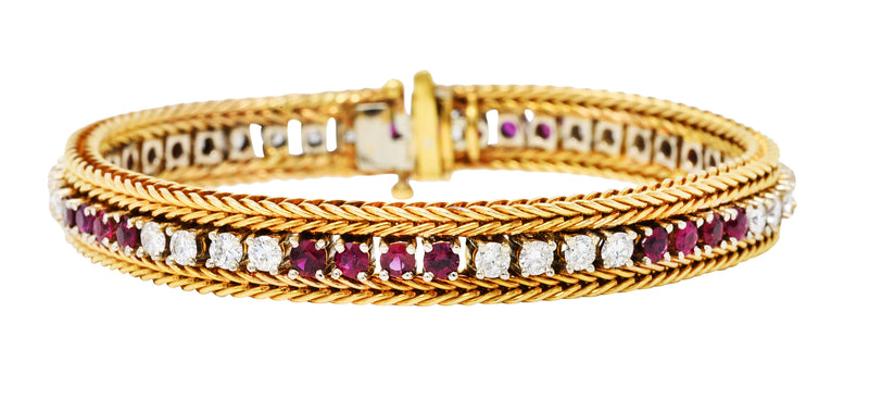 Vintage 5.00 CTW Diamond Ruby 18 Karat Two-Tone Gold Wheat Line Braceletbracelet - Wilson's Estate Jewelry