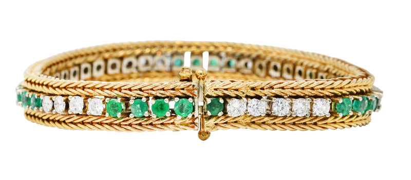 Vintage 3.00 CTW Diamond Emerald 18 Karat Two-Tone Gold Wheat Line Braceletbracelet - Wilson's Estate Jewelry