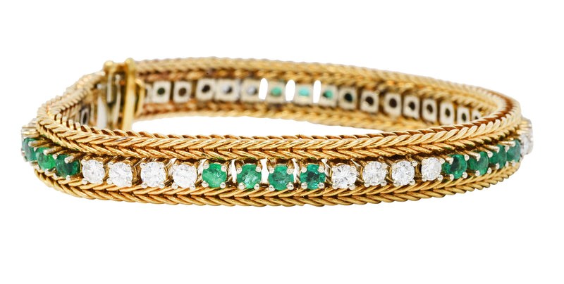 Vintage 3.00 CTW Diamond Emerald 18 Karat Two-Tone Gold Wheat Line Braceletbracelet - Wilson's Estate Jewelry