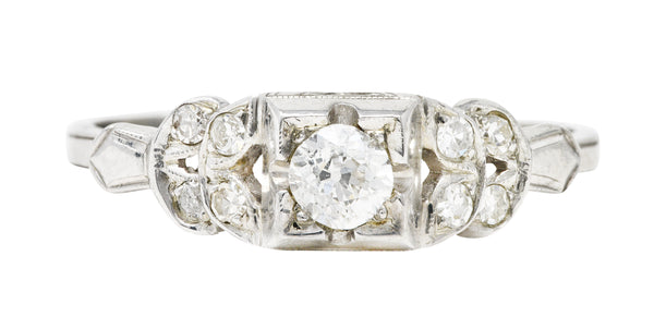 Art Deco 0.34 CTW Old European Diamond 18 Karat White Gold Foliate Engagement Ring Wilson's Estate Jewelry