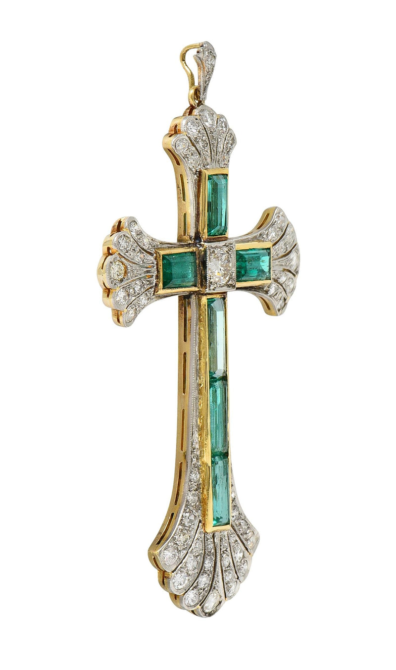 Early Art Deco 9.81 CTW Emerald Diamond Platinum 14 Karat Yellow Gold Cross Pend