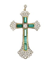 Early Art Deco 9.81 CTW Emerald Diamond Platinum 14 Karat Yellow Gold Cross Pend