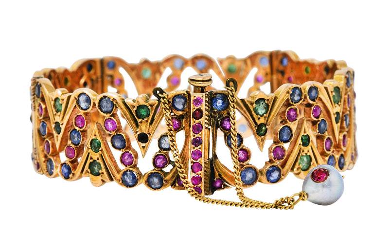 Art Deco 12.45 CTW Sapphire Ruby Emerald Pearl 14 Karat Gold Braceletbracelet - Wilson's Estate Jewelry