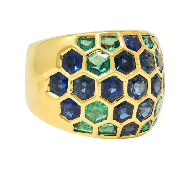 Sabbadini 6.47 CTW Sapphire Emerald 18 Karat Yellow Gold Honeycomb Dome Ring