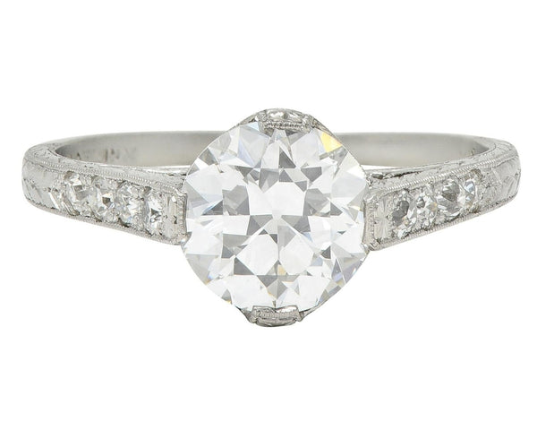 Art Deco 1.75 CTW Old European Cut Diamond Platinum Lotus Engagement Ring GIA