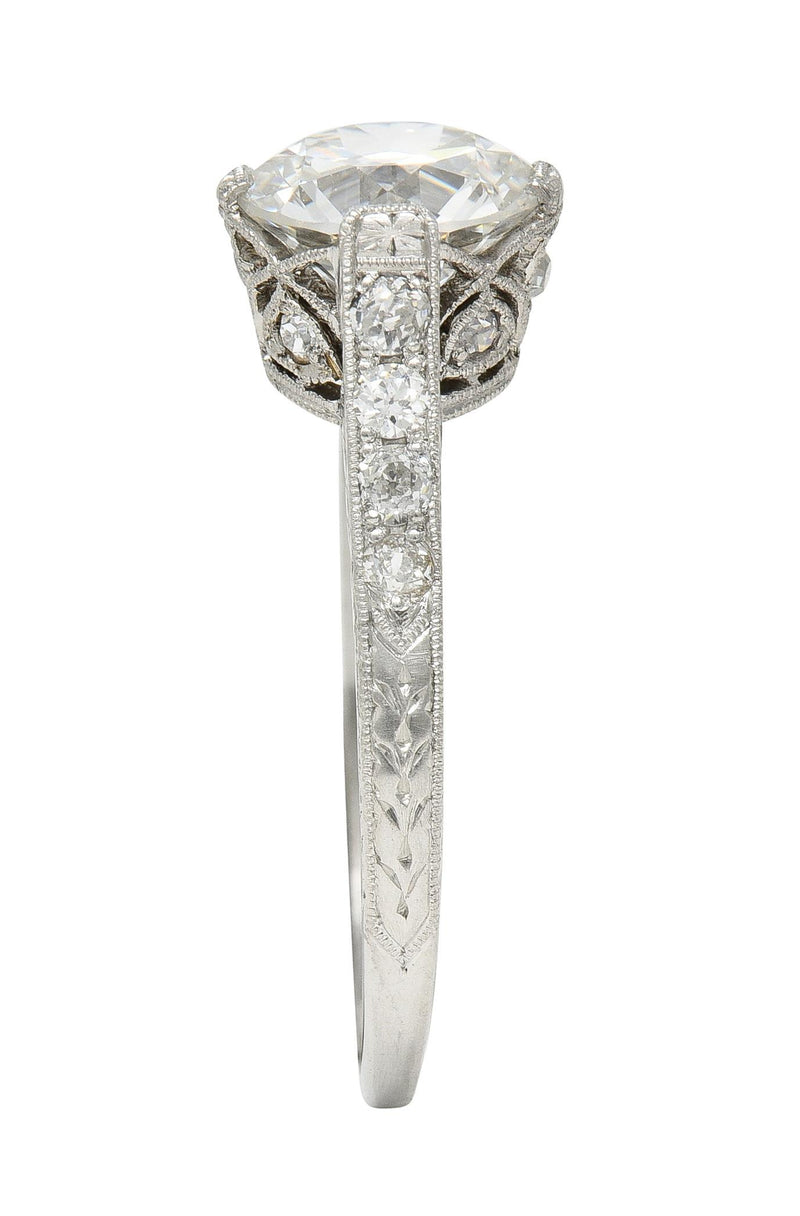 Art Deco 1.75 CTW Old European Cut Diamond Platinum Lotus Engagement Ring GIA