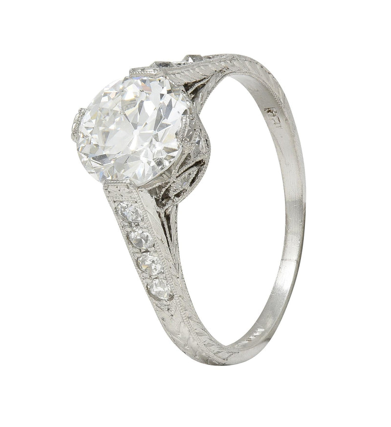 Art Deco 1.75 CTW Old European Cut Diamond Platinum Lotus Engagement Ring GIA