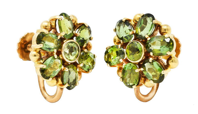 Tiffany & Co. Retro Peridot Green Tourmaline 14 Karat Yellow Gold Flower Screwback Earrings Wilson's Antique & Estate Jewelry