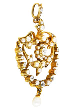 1890's Victorian Pearl Diamond 15 Karat Yellow Gold Floral & Foliate Pendant Wilson's Antique & Estate Jewelry