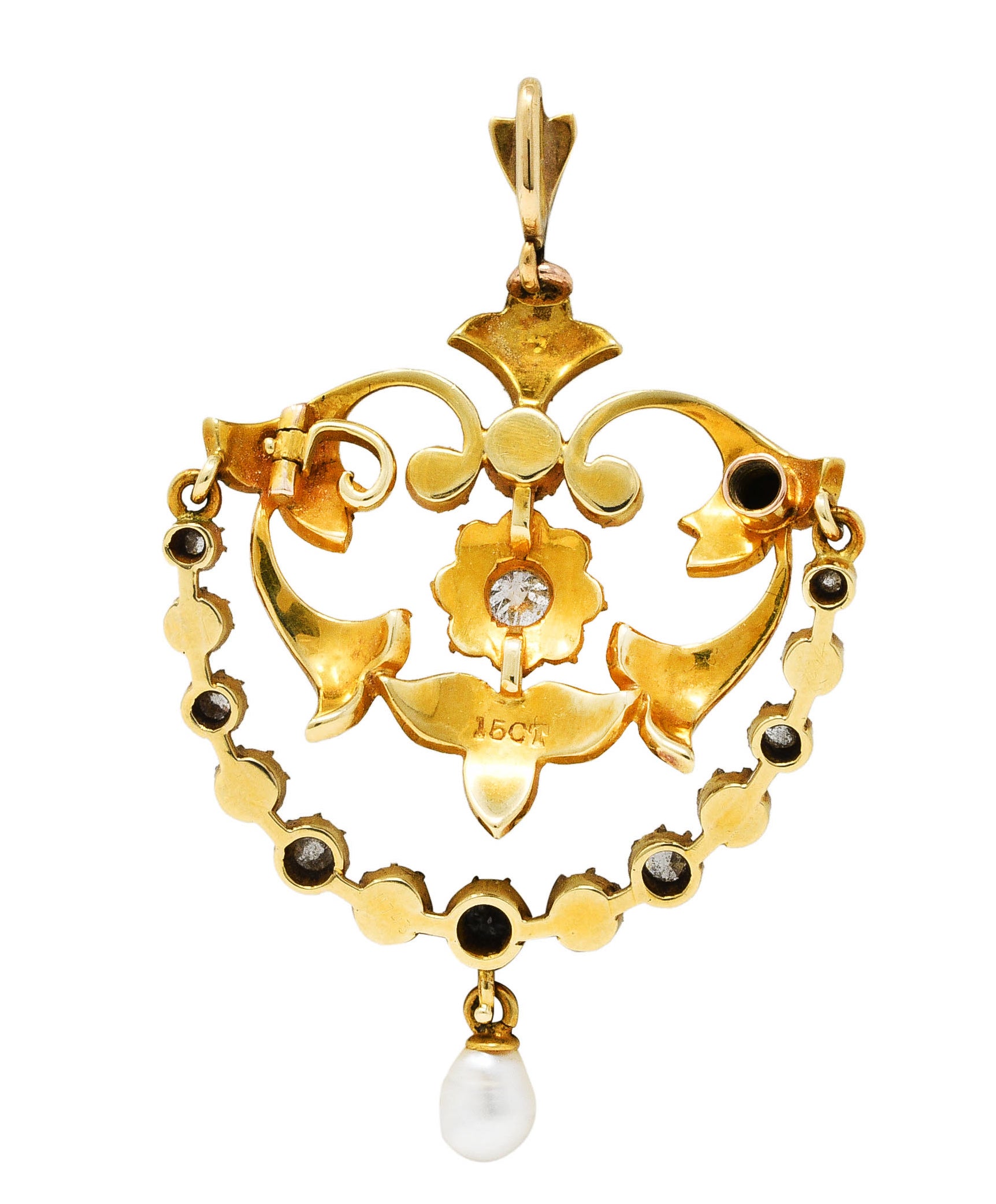 1890's Victorian Pearl Diamond 15 Karat Yellow Gold Floral & Foliate Pendant Wilson's Antique & Estate Jewelry